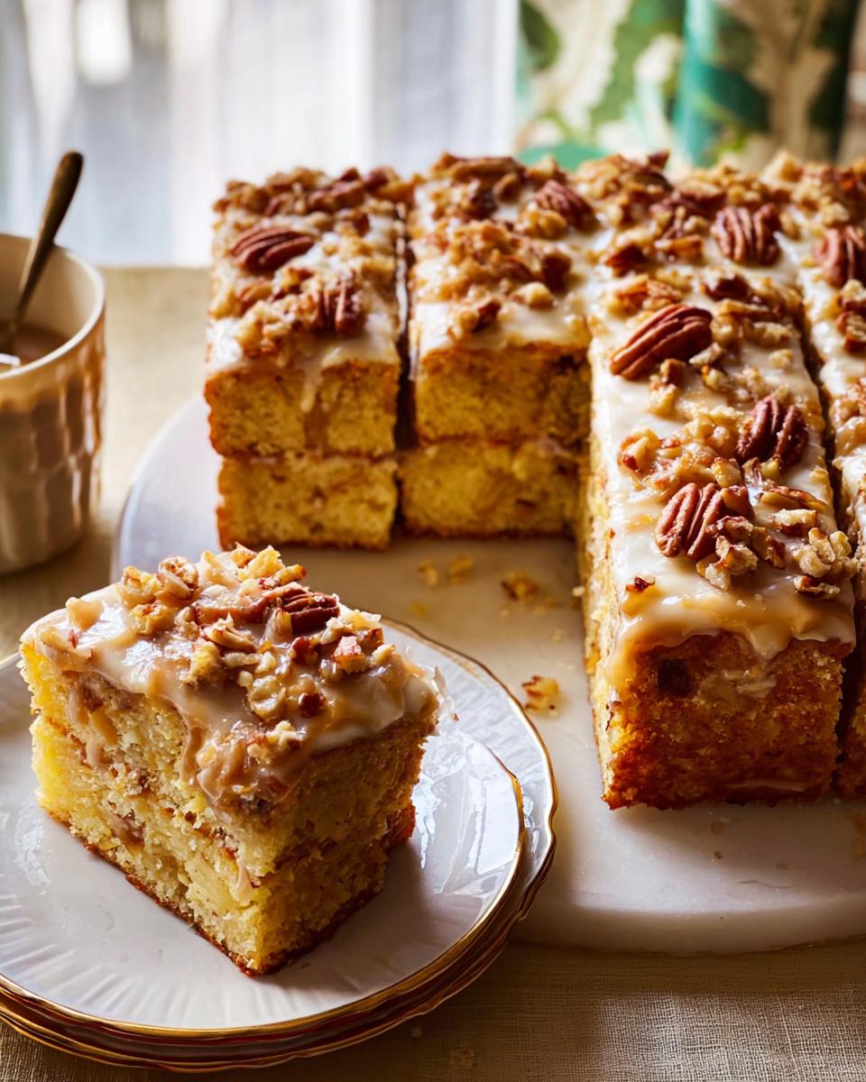 A slice of restaurant-style pecan streusel cake with a glossy glaze and crunchy nuts.