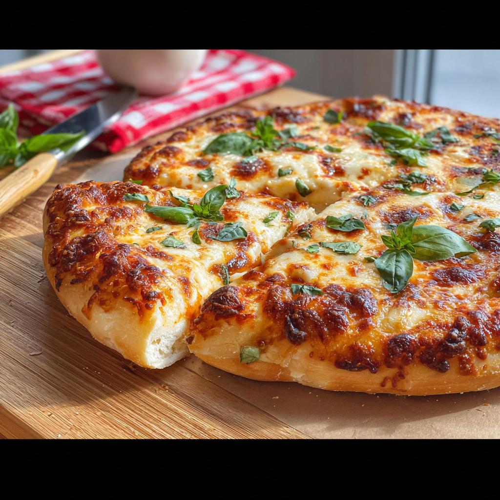 A delicious, golden-brown cheese pizza with fresh basil, perfect for restaurant-style pizza night recipes at home.