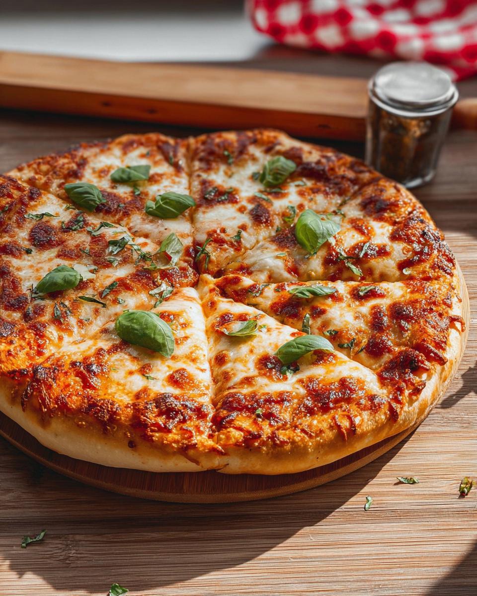 A whole, freshly baked pizza with melted cheese and basil, perfect for restaurant-style pizza night recipes at home.