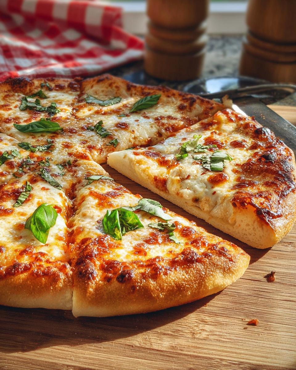 A freshly baked restaurant-style pizza with melted cheese and basil, perfect for pizza night at home.