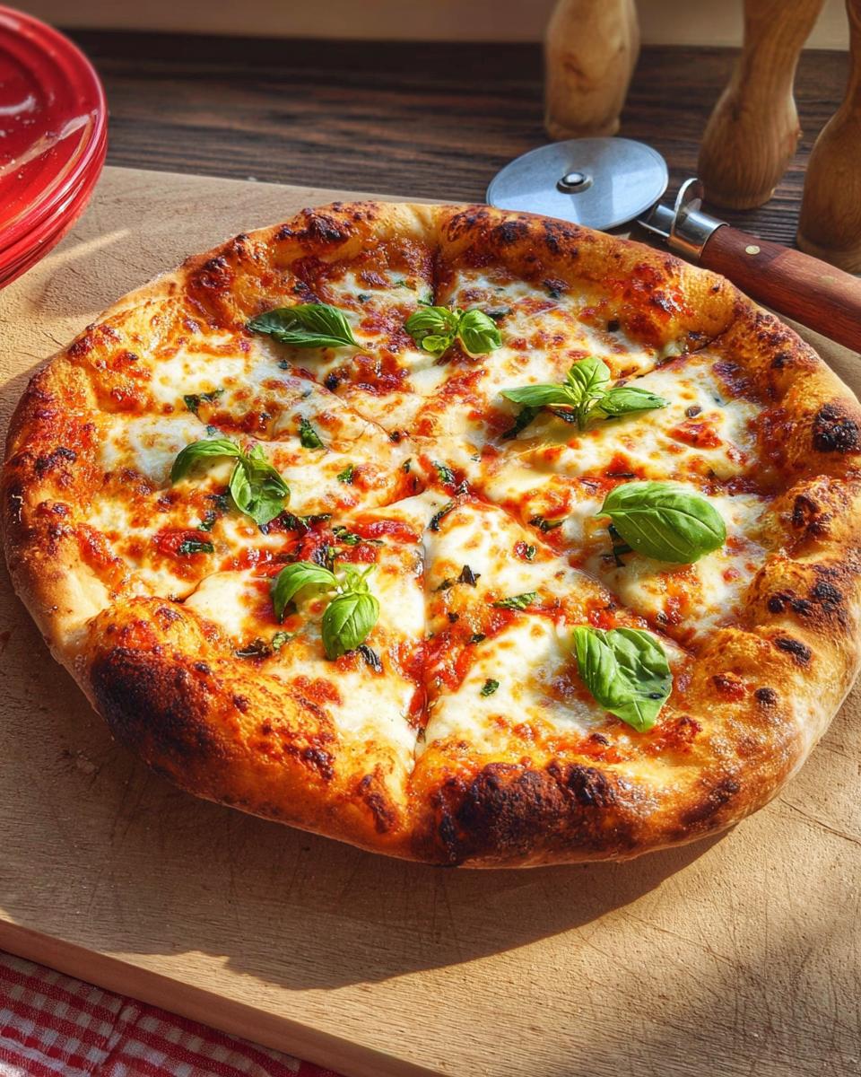A freshly baked Margherita pizza, perfect for restaurant-style pizza night recipes at home, topped with melted mozzarella, tomato sauce, and fresh basil.