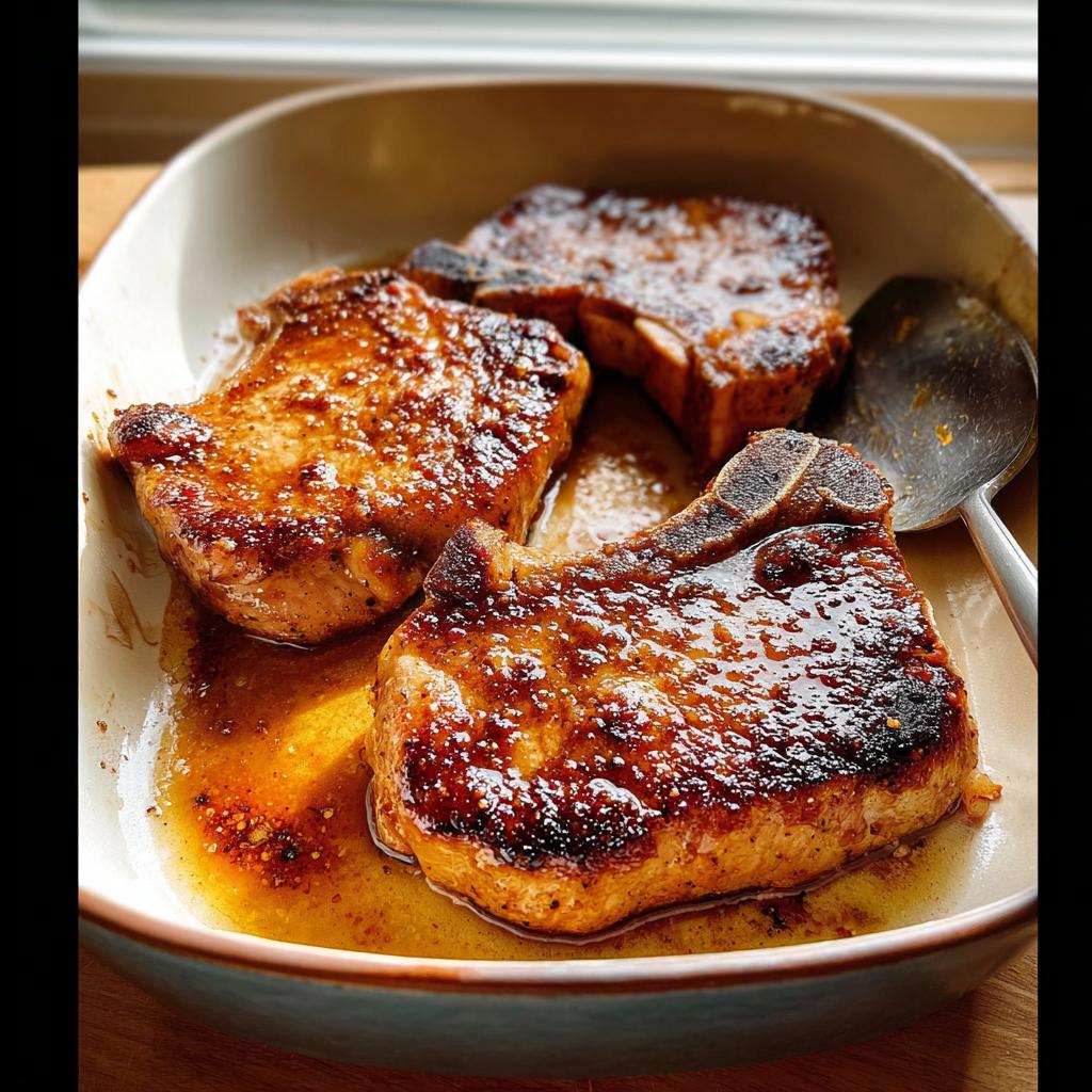 Three juicy, pan-seared pork chops glistening in a savory sauce, perfect for restaurant-style pork chops recipes at home.