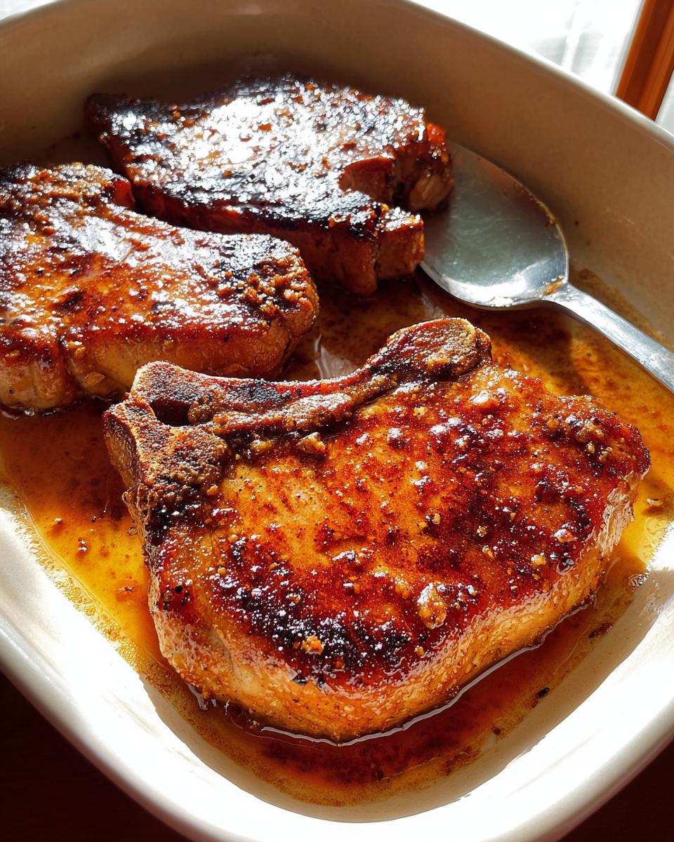 Three juicy restaurant-style pork chops glazed in a rich sauce in a white dish.