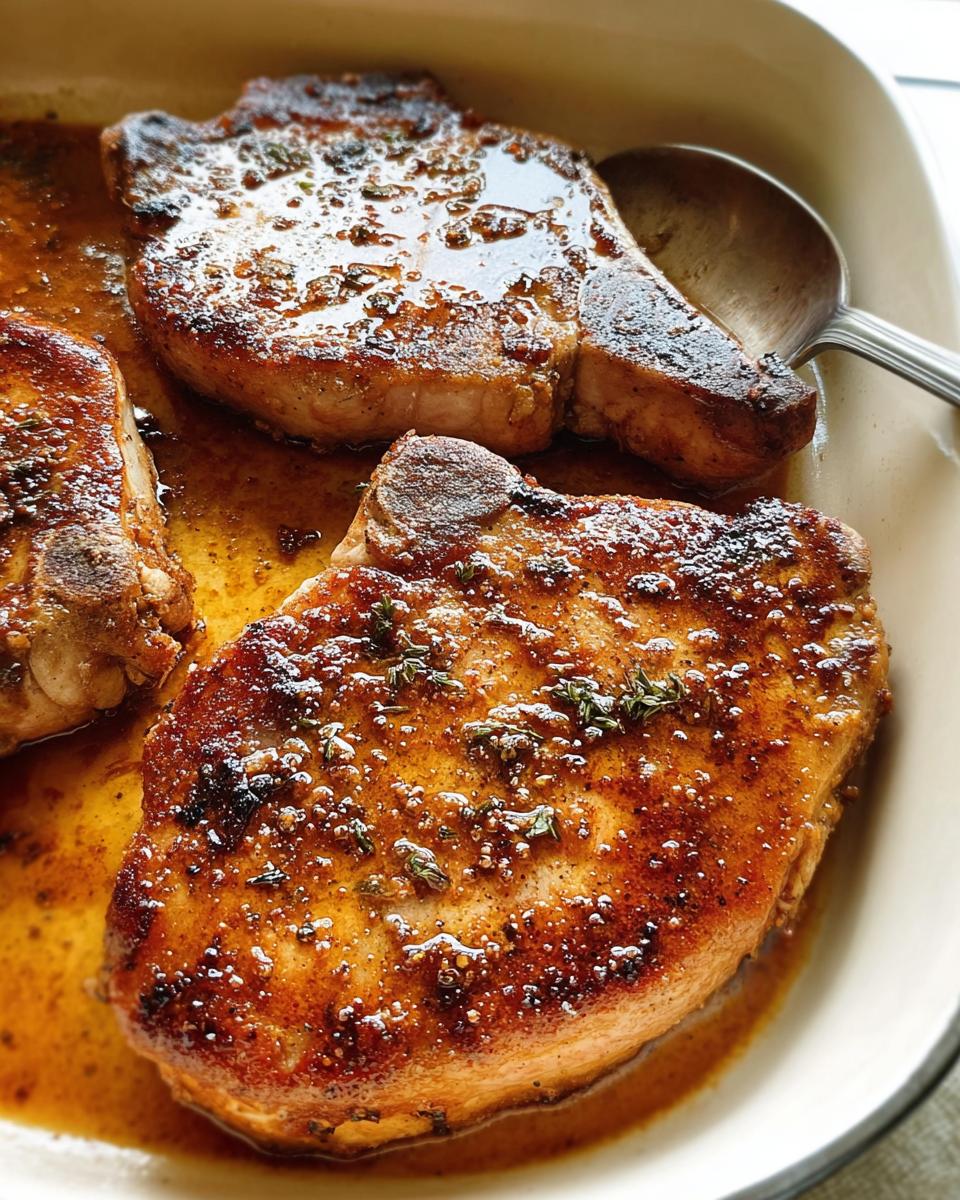 Three juicy, pan-seared pork chops coated in a rich sauce with herbs, perfect for restaurant-style pork chops recipes at home.