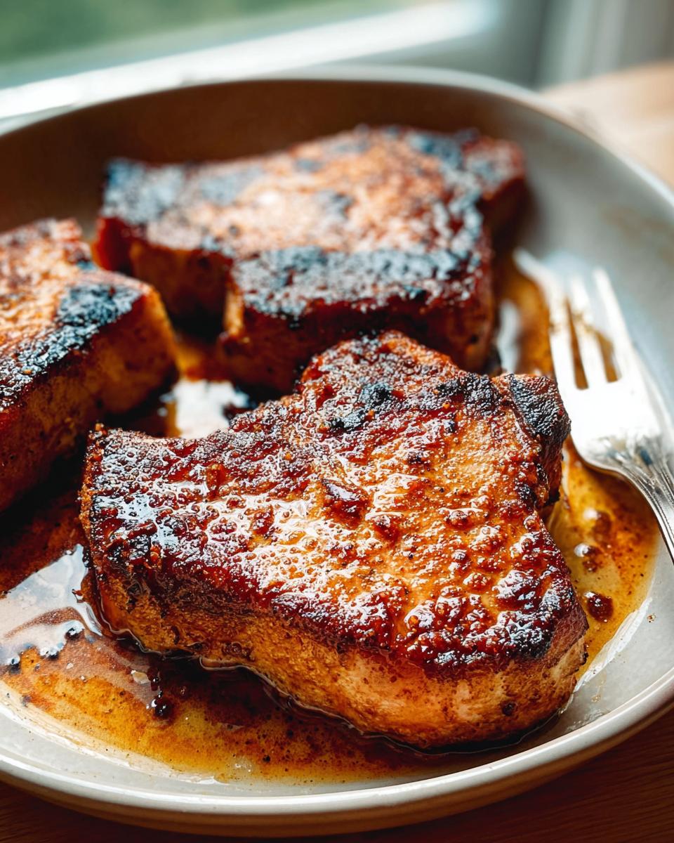 Close-up of juicy, pan-seared pork chops with a rich glaze, perfect for restaurant-style pork chops recipes at home.