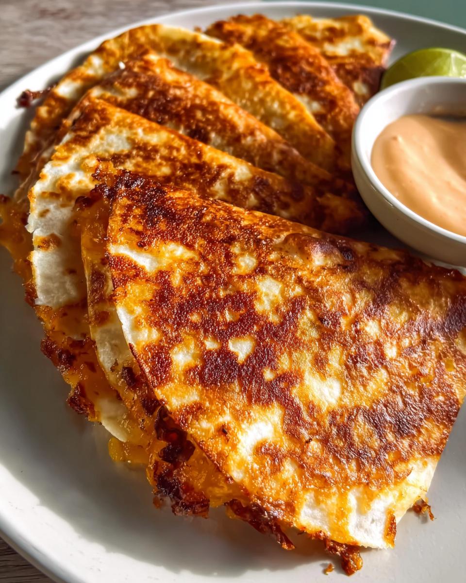 Golden brown quesadillas, sliced and fanned out on a plate, served with a side of dipping sauce and lime wedges, perfect for Restaurant-Style Taco Tuesday Recipes at Home.