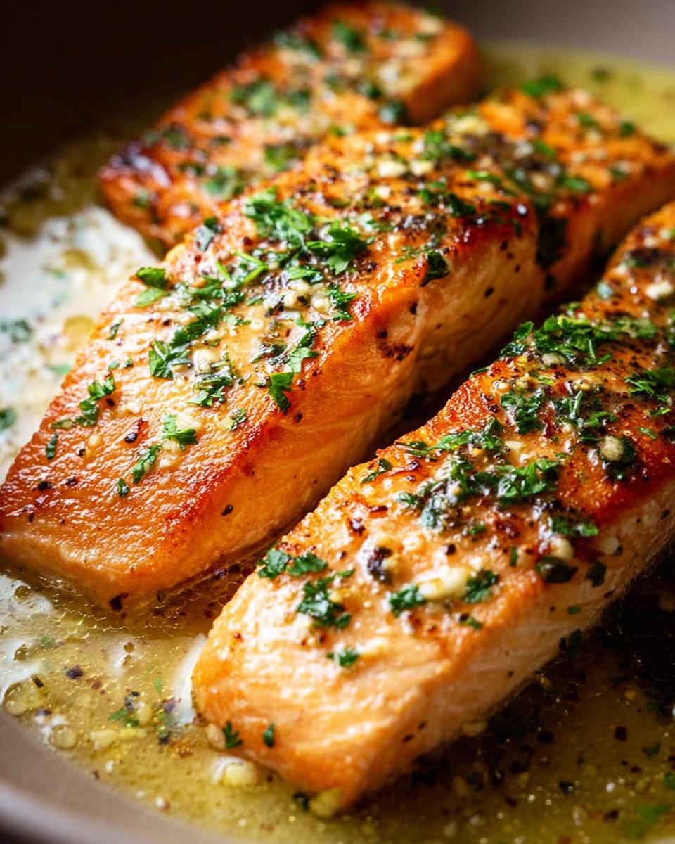 Close-up of pan-seared salmon fillets with a golden crust, topped with chopped parsley and garlic in a buttery sauce.
