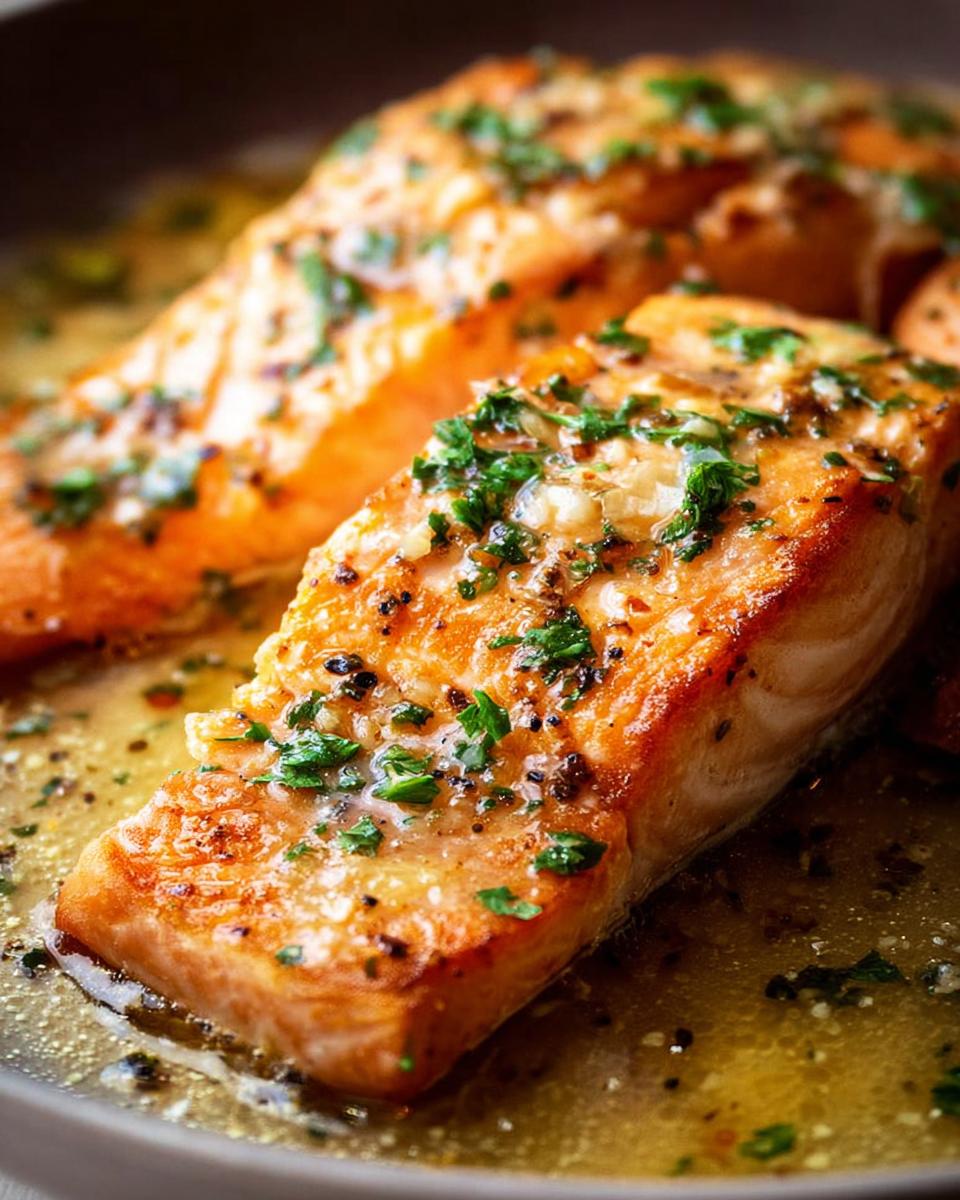 Close-up of perfectly cooked salmon fillets in a buttery garlic sauce, garnished with parsley, a restaurant-style salmon recipe at home.