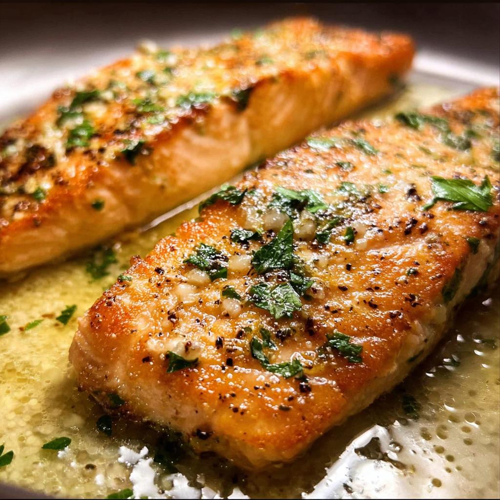 Two perfectly cooked salmon fillets with a golden-brown crust, topped with garlic and herbs, served in a buttery sauce.