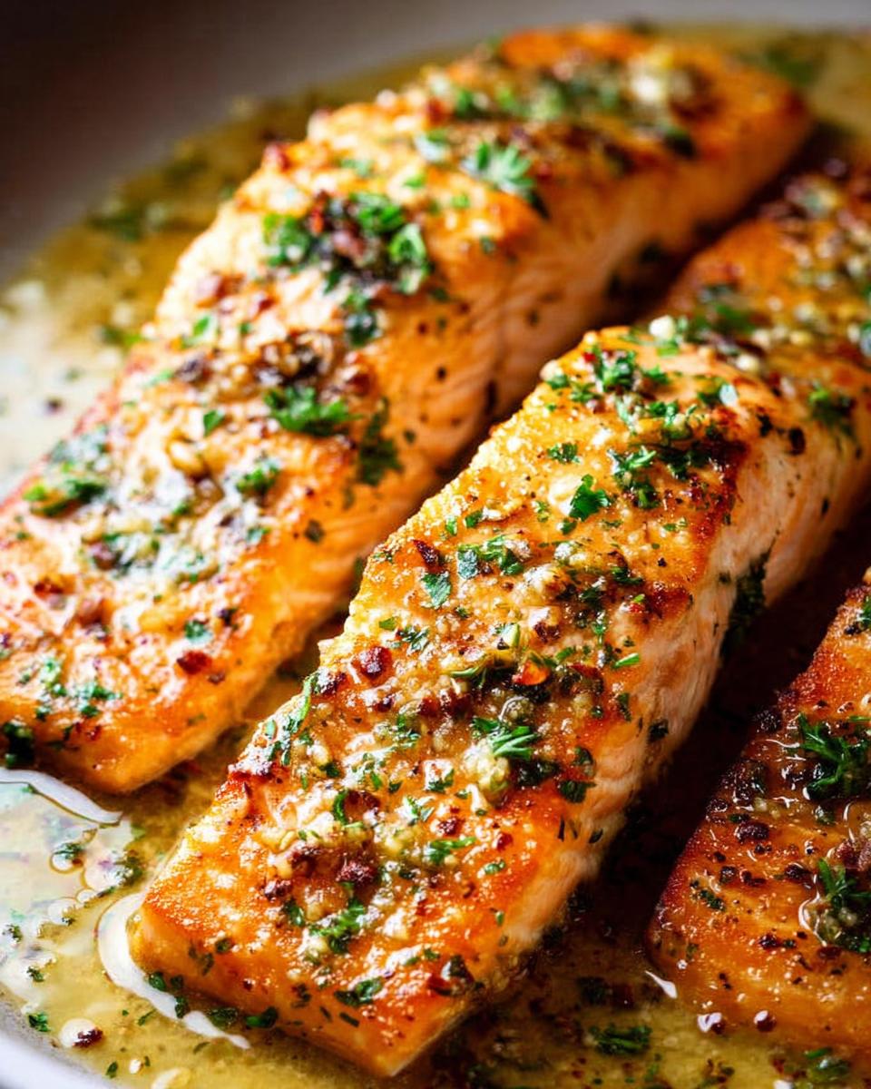 Close-up of perfectly cooked salmon fillets with a glistening sauce and fresh herbs, showcasing restaurant-style salmon recipes at home.