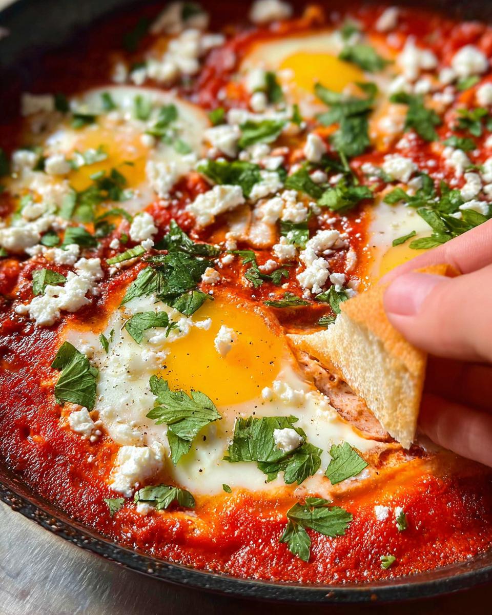 A hand dips bread into a pan of Restaurant-Style Shakshuka, featuring eggs poached in a rich tomato sauce with feta and herbs.