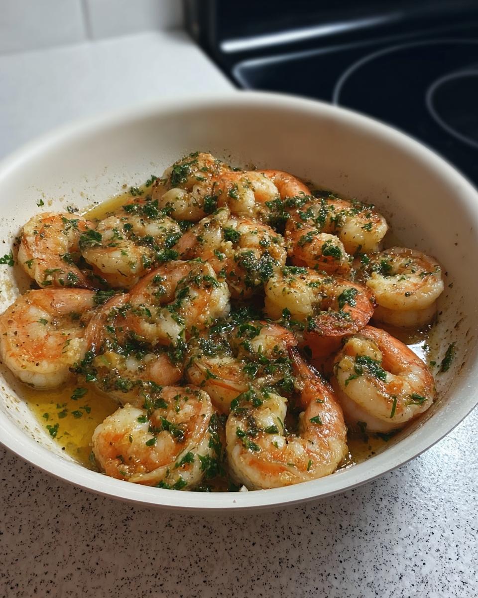 Close-up of restaurant-style garlic butter shrimp, glistening with sauce and sprinkled with parsley.