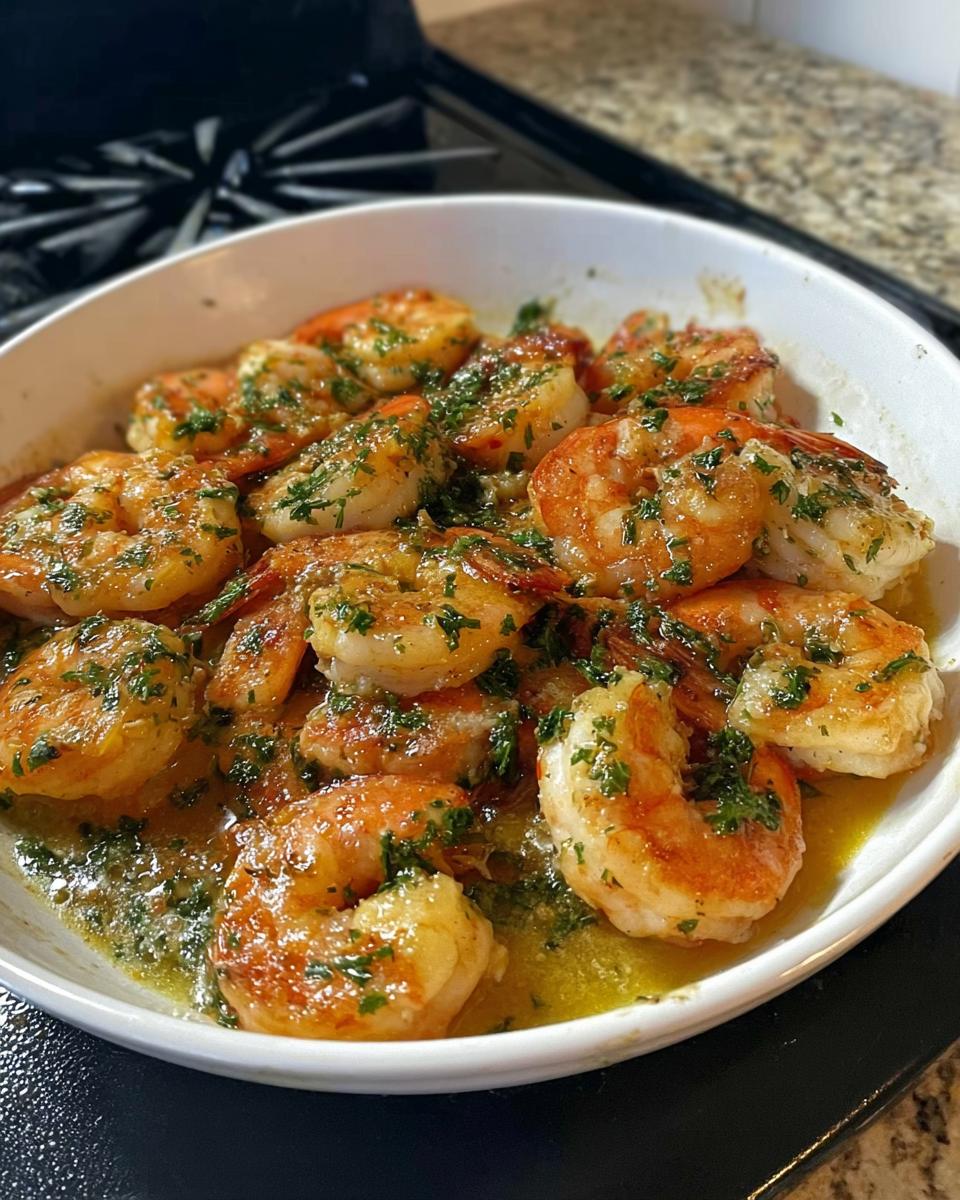 Close-up of restaurant-style garlic butter shrimp, glistening in sauce and sprinkled with parsley.