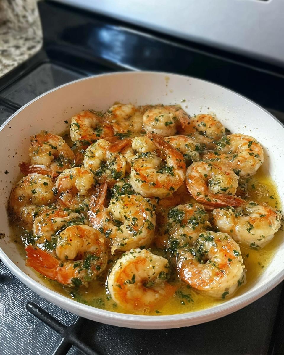 Close-up of pan-seared garlic butter shrimp with parsley, a delicious restaurant-style shrimp recipe at home.
