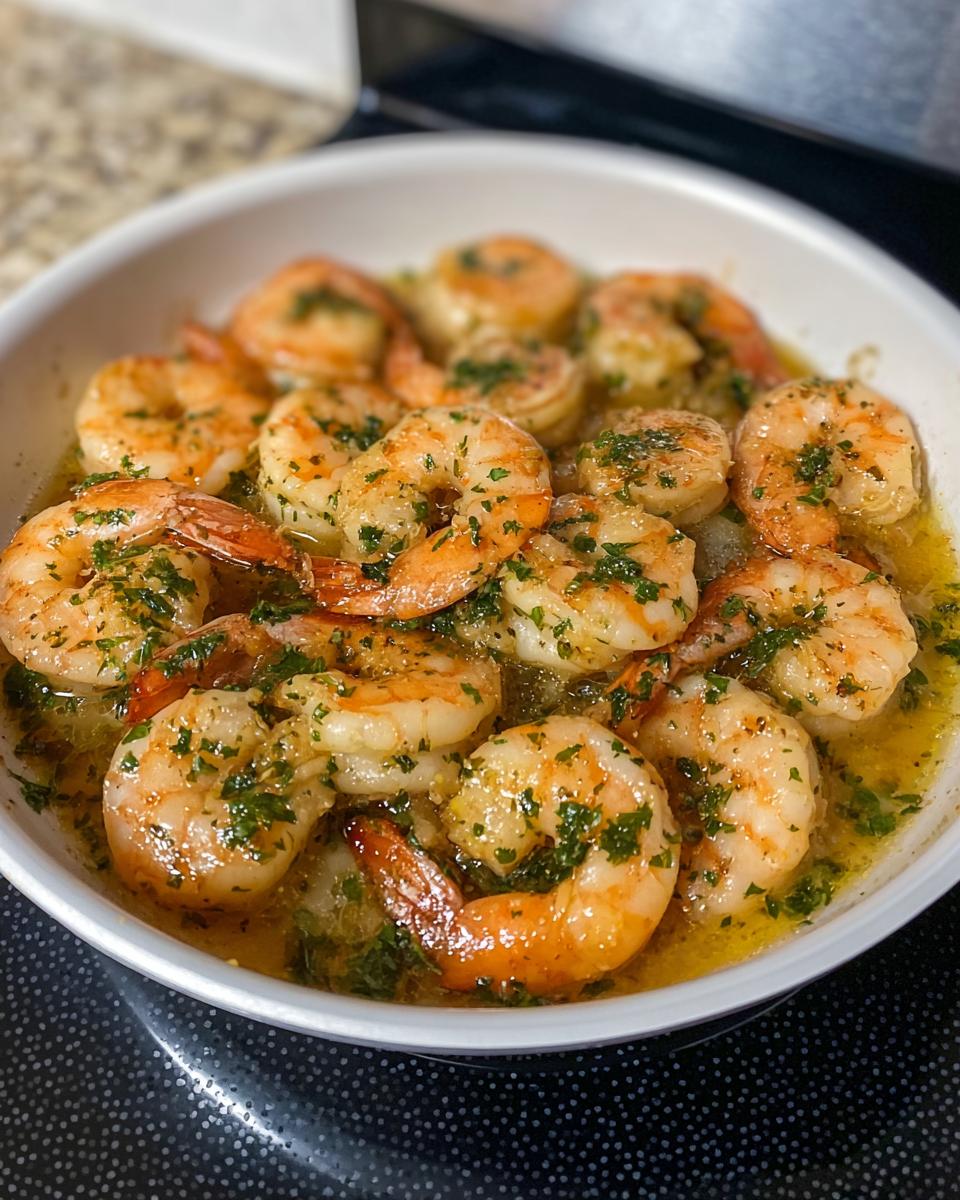 Close-up of restaurant-style garlic butter shrimp recipe, glistening in a white bowl with parsley.