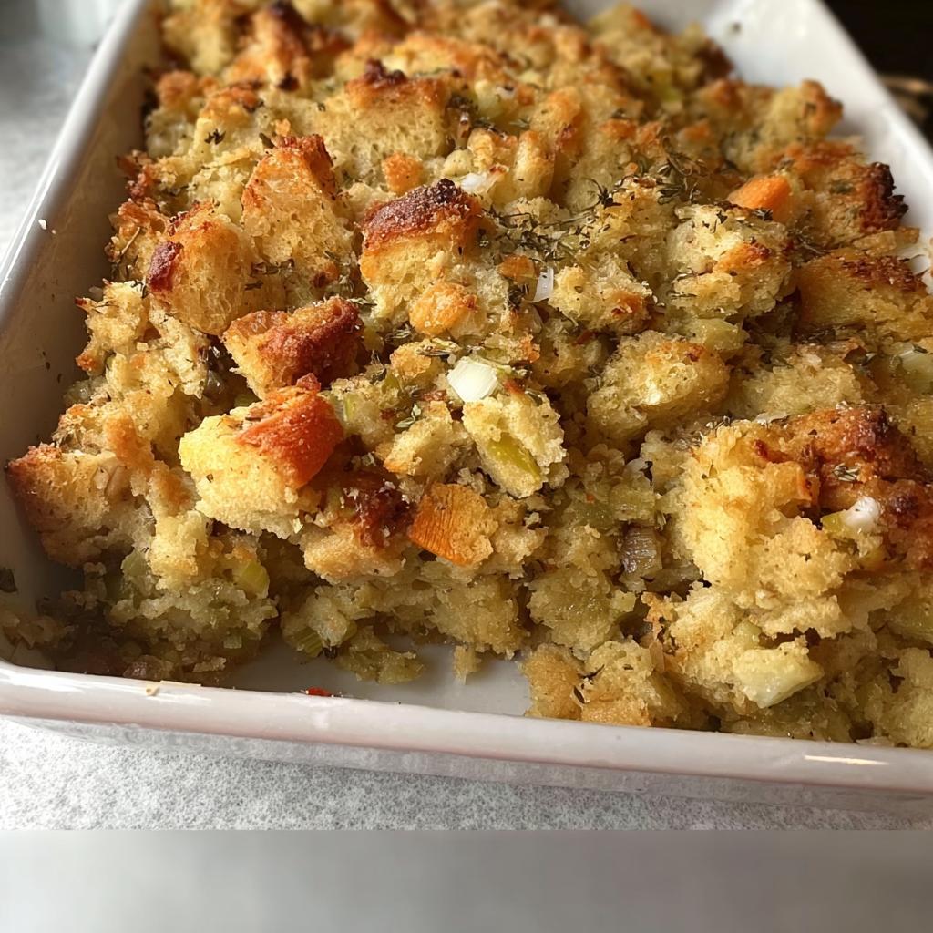 A close-up of a baking dish filled with golden-brown, fluffy restaurant-style stuffing, perfect for holiday meals.