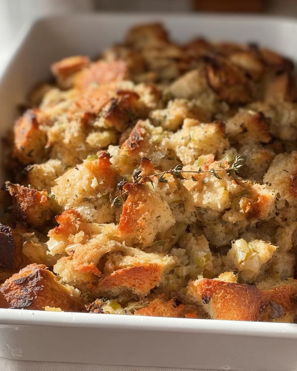 Close-up of a white baking dish filled with golden-brown, crusty bread stuffing, perfect for Restaurant-Style Stuffing Recipes at Home.