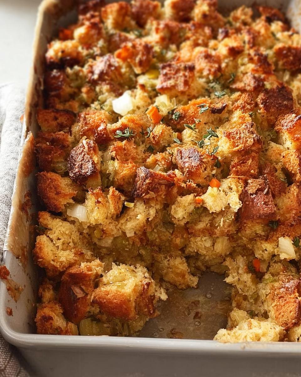 Close-up of a baking dish filled with golden-brown, homemade restaurant-style stuffing, featuring cubes of bread, vegetables, and herbs.