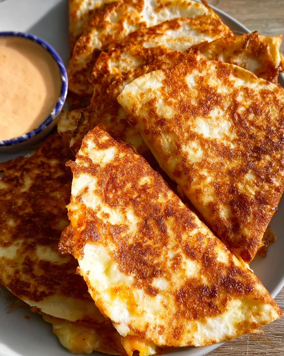 Golden-brown crispy cheese quesadillas served with a side of creamy dipping sauce, perfect for Restaurant-Style Taco Tuesday Recipes at Home.