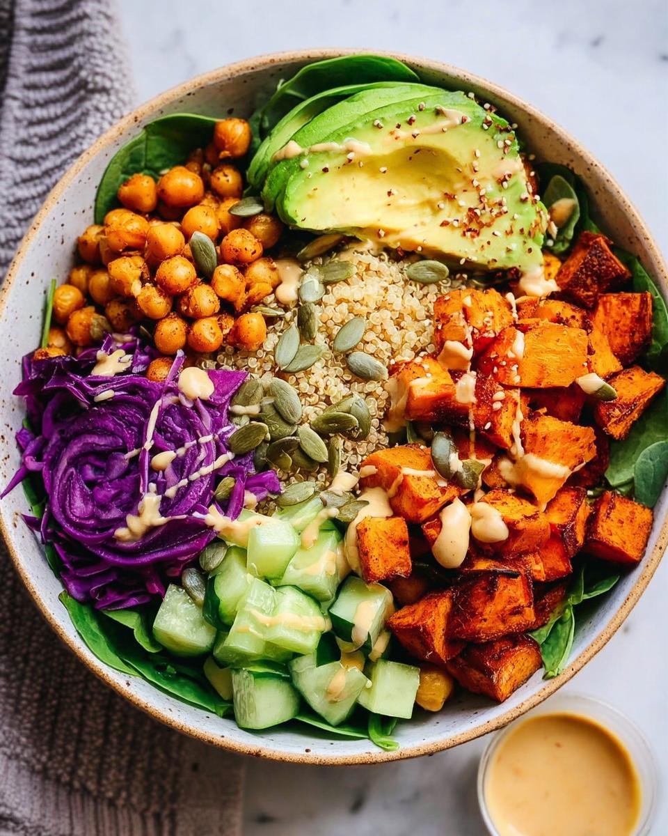 A vibrant and healthy rice bowl recipe featuring quinoa, roasted sweet potatoes, chickpeas, avocado, red cabbage, and cucumber, drizzled with dressing.