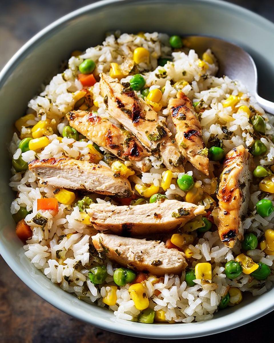 Close-up of a bowl of rice bowls recipe with grilled chicken, corn, peas, and carrots.