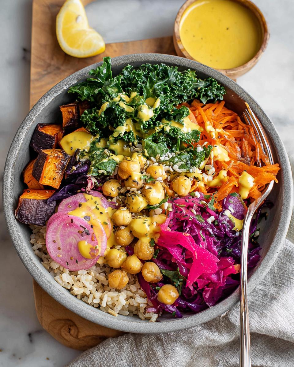 A vibrant and healthy rice bowl recipe featuring brown rice, roasted sweet potatoes, chickpeas, kale, shredded carrots, and red cabbage with a lemon wedge.