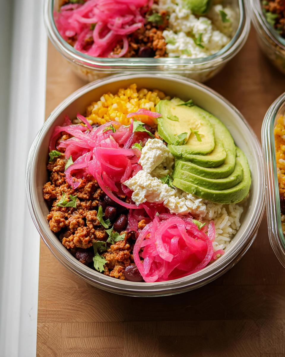 Close-up of a meal prep rice bowl with seasoned ground meat, black beans, corn, avocado, cheese, and pickled onions.