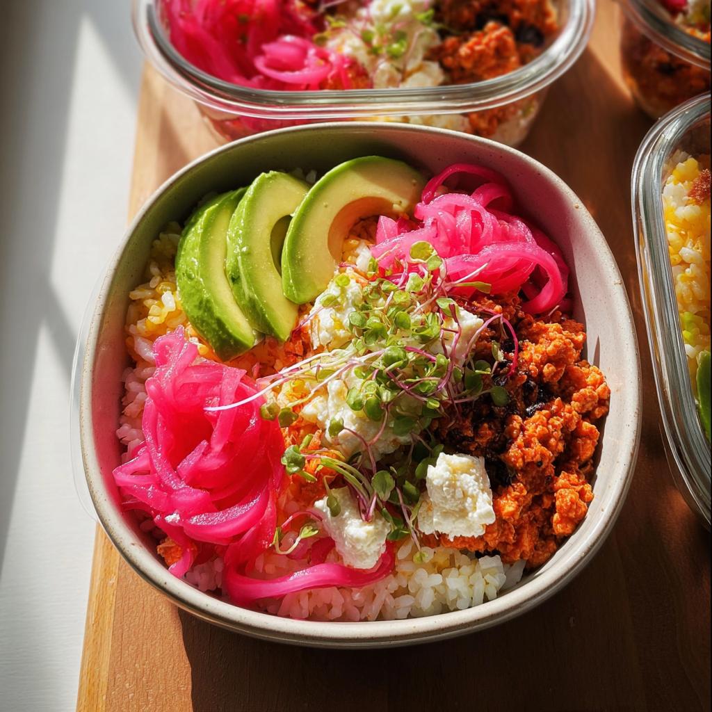 A vibrant and healthy rice bowl recipe meal prep with rice, avocado, pickled onions, and crumbled cheese.