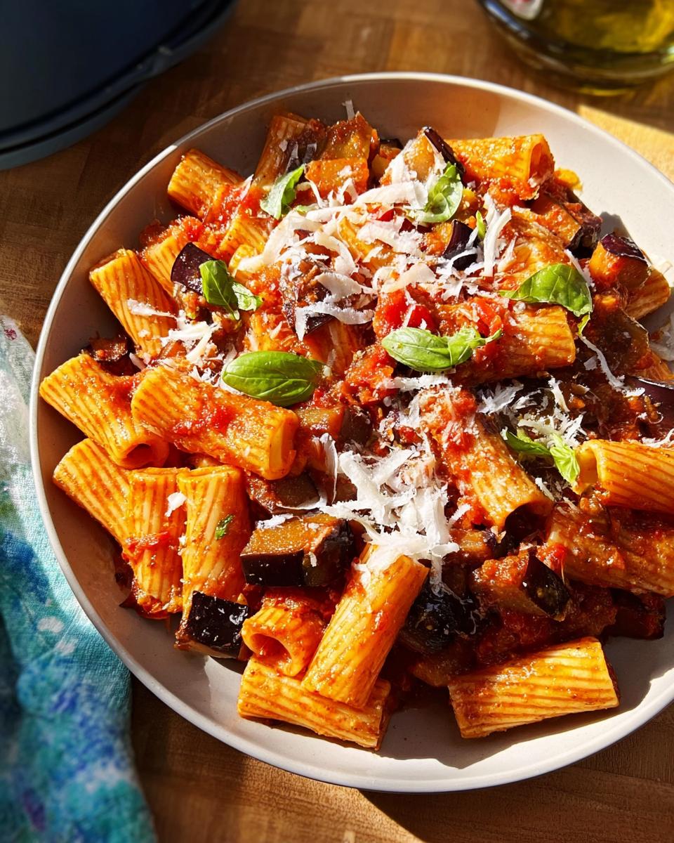 A bowl of rigatoni pasta with chunks of eggplant in a rich tomato sauce, topped with grated cheese and fresh basil. Part of 12-Ingredient Pasta Recipes.
