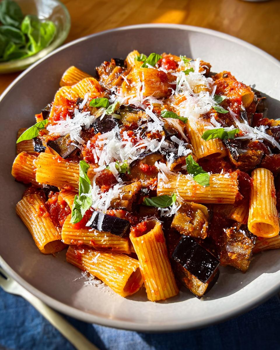 A close-up of rigatoni pasta with chunks of eggplant, tomato sauce, and grated cheese, garnished with fresh basil. Part of 12-Ingredient Pasta Recipes (No Fuss).