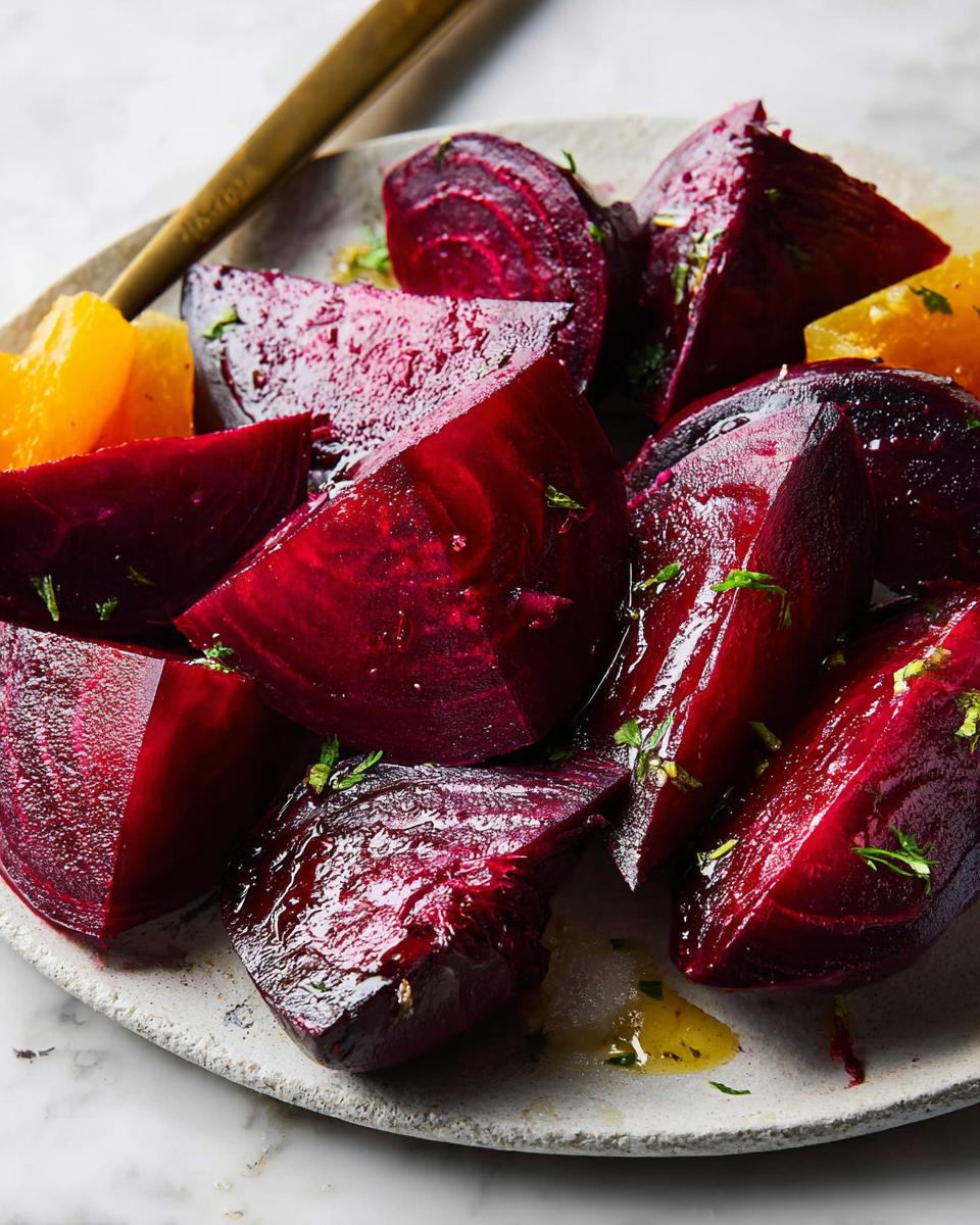 Close-up of roasted beet wedges and orange segments, drizzled with dressing and herbs, part of veggie sides recipes.