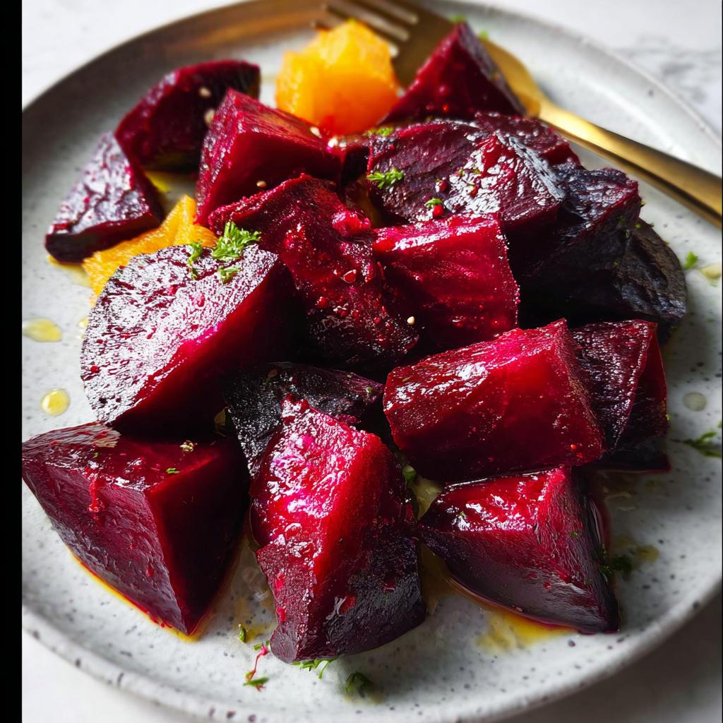 A close-up of roasted beet salad with orange segments, drizzled with dressing and garnished with herbs.