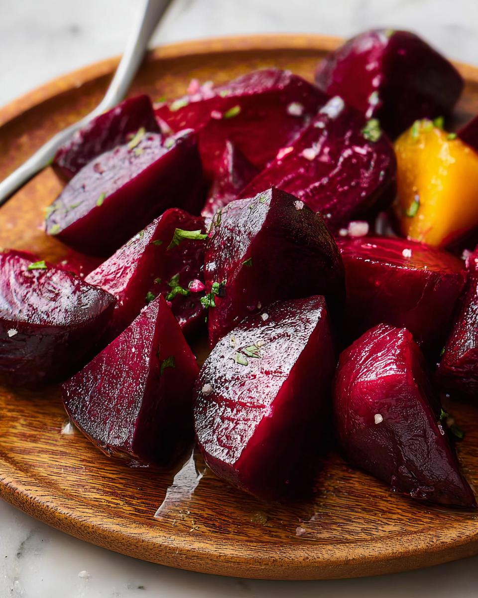 A close-up of roasted beet wedges seasoned with salt and herbs, served on a wooden plate.