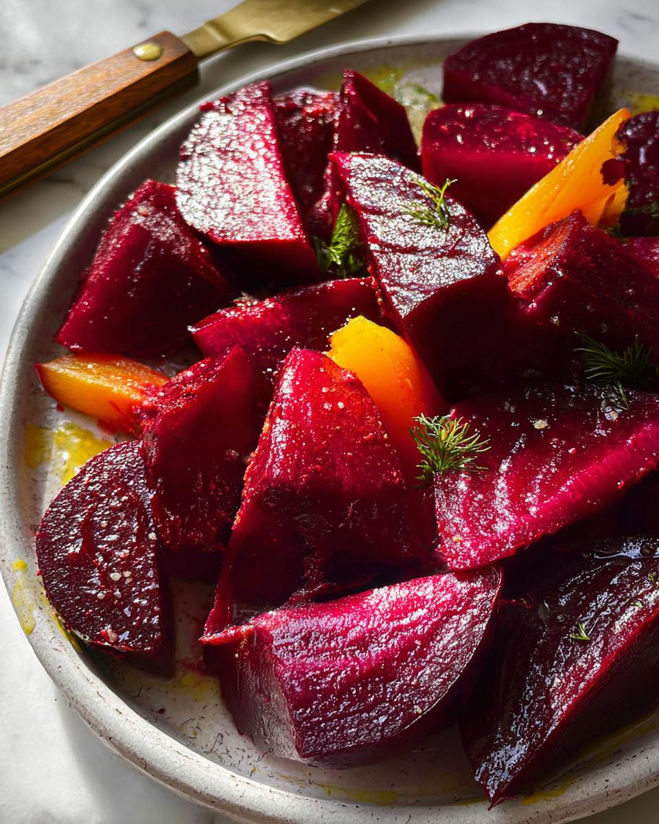 Close-up of roasted beet veggie sides recipe, featuring bright red and orange beet wedges with fresh dill.
