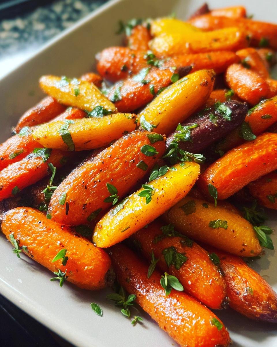 Close-up of roasted baby carrots, glazed and sprinkled with fresh herbs, a perfect veggie sides recipe for meal prep.