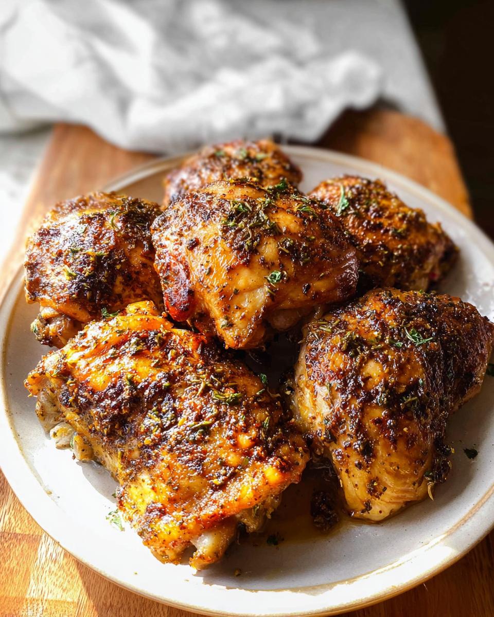 A plate piled high with perfectly roasted chicken thighs, seasoned with herbs and spices.