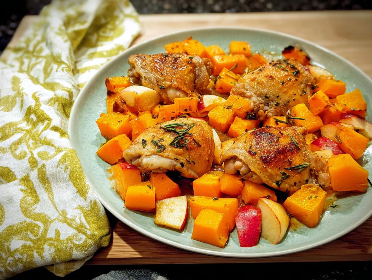 A plate of roasted chicken thighs served with diced butternut squash and apple wedges, seasoned with rosemary.