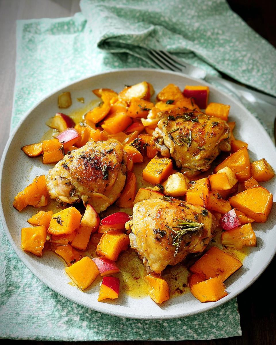 Three golden-brown roasted chicken thighs served with cubes of butternut squash and red apple on a plate.