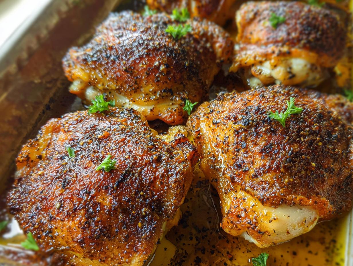 Close-up of perfectly roasted chicken thighs with crispy skin and seasoned with herbs and spices.