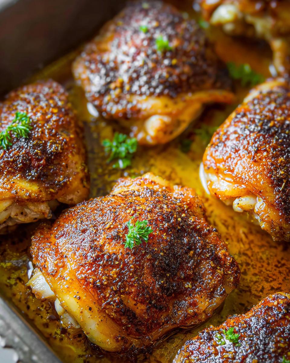 Close-up of perfectly roasted chicken thighs with crispy skin and a flavorful spice rub, garnished with parsley.