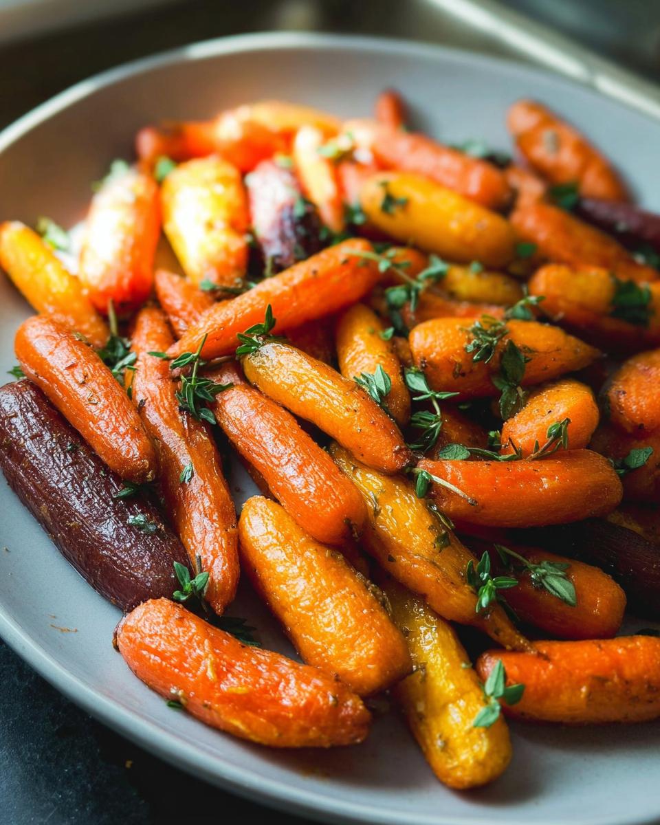 Close-up of roasted rainbow carrots with fresh thyme, perfect for veggie sides recipes meal prep.