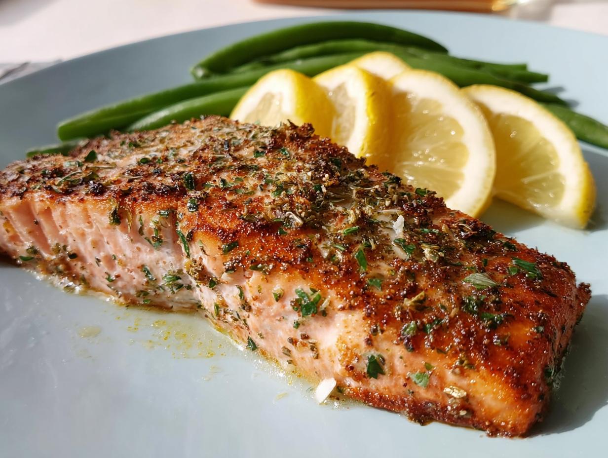A close-up of a seasoned salmon fillet, served with lemon slices and green beans, showcasing the flaky texture of the salmon.