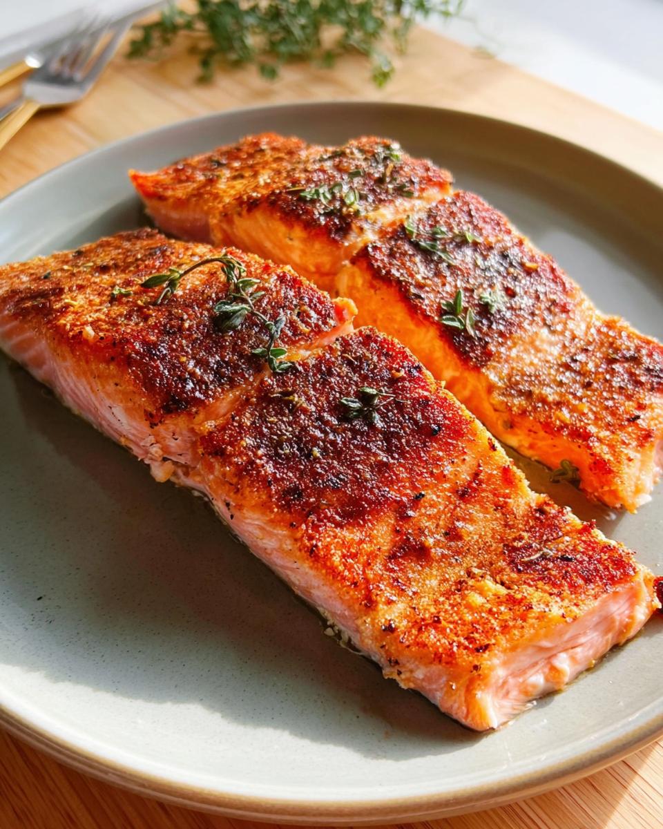 Two perfectly cooked salmon fillets with a crispy crust, seasoned and garnished with thyme, part of The Ultimate Salmon Recipes Guide for Beginners.