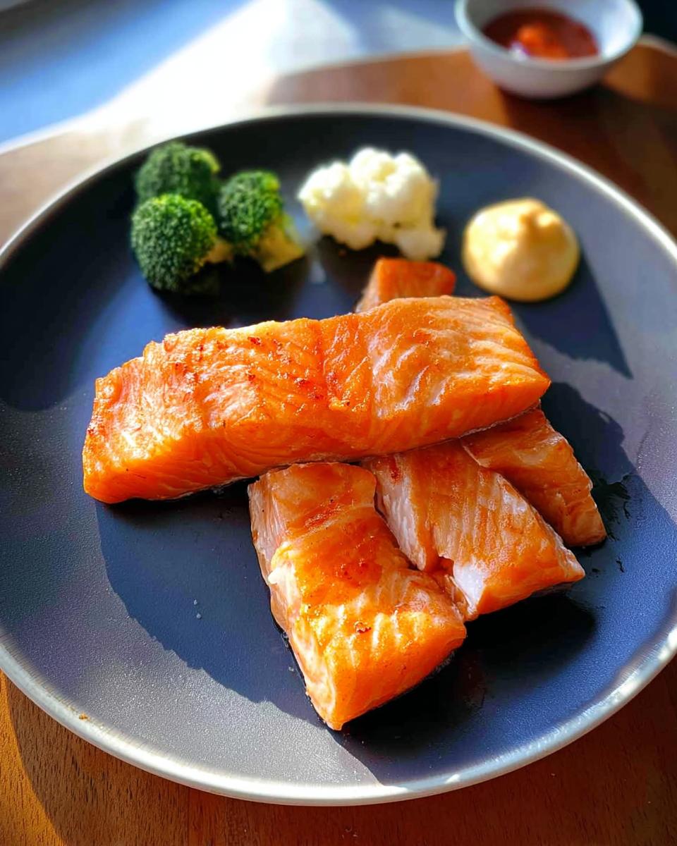 A plate of perfectly cooked salmon fillets served with steamed broccoli, cauliflower, and a dollop of sauce. A great example of 12-Ingredient Salmon Recipes.