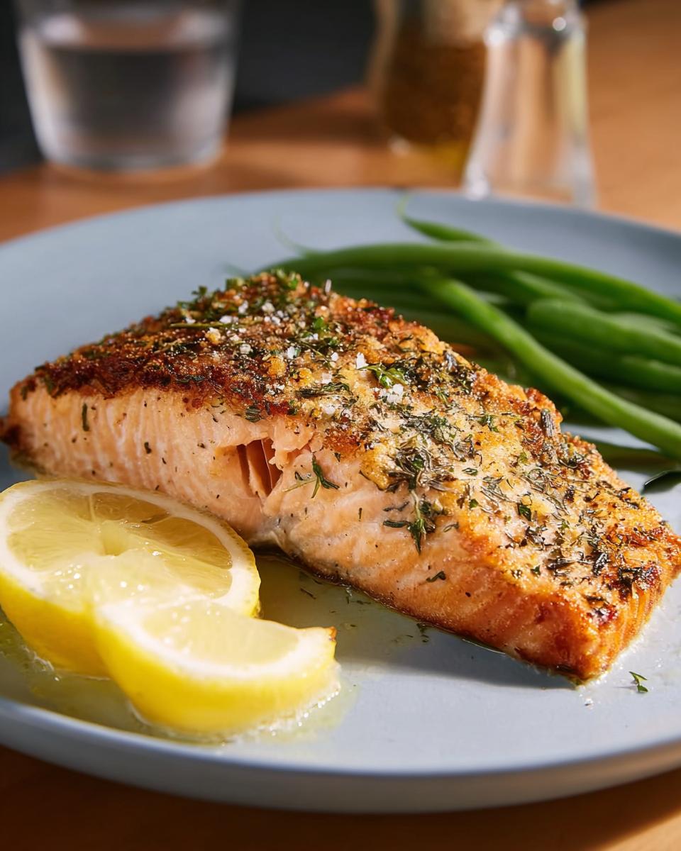 A delicious fillet of baked salmon with a crispy herb crust, served with fresh green beans and lemon slices. A top salmon recipe.