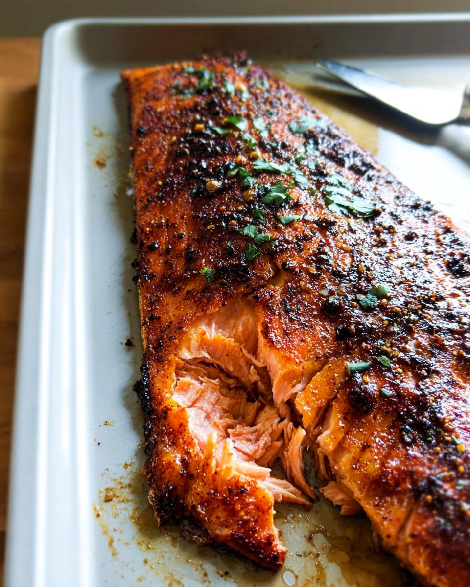 A close-up shot of a perfectly cooked salmon fillet, flaking apart, seasoned with spices and herbs.