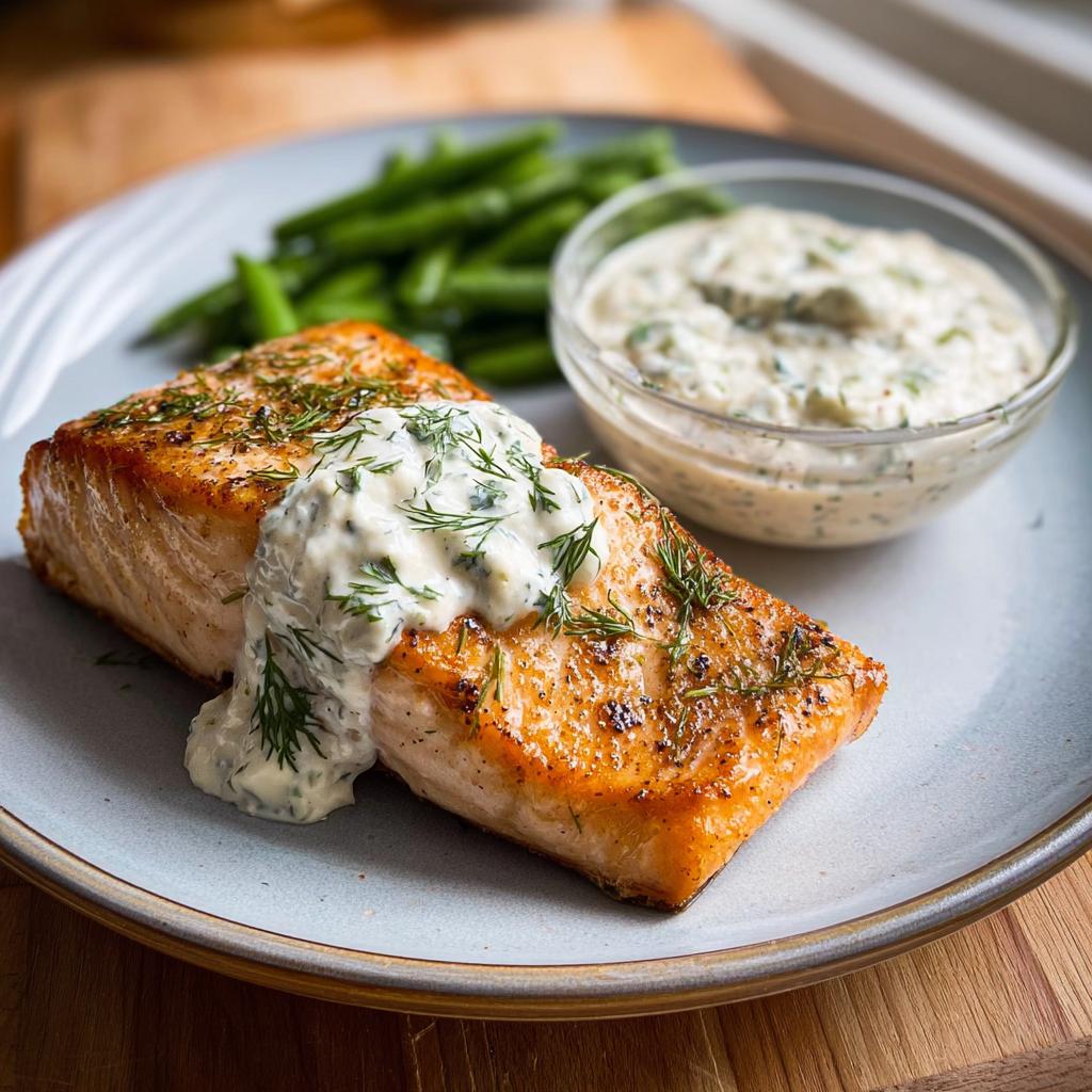 Two perfectly cooked salmon fillets topped with creamy dill sauce and fresh dill, served with green beans.