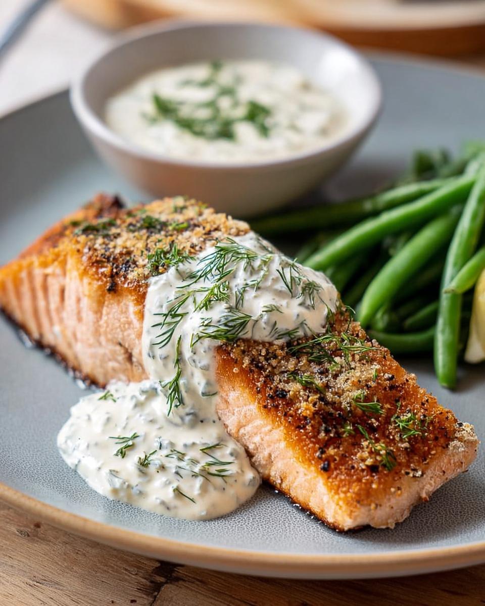 A perfectly cooked salmon fillet topped with creamy dill sauce and served with green beans. This is a delicious salmon recipe.