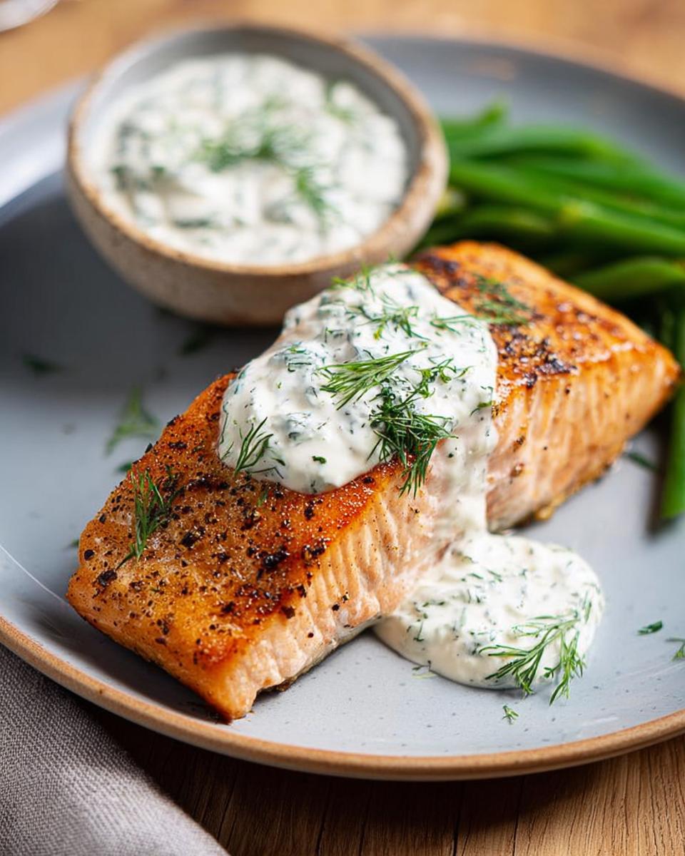 A perfectly cooked salmon fillet topped with creamy dill sauce and fresh dill, served with green beans.