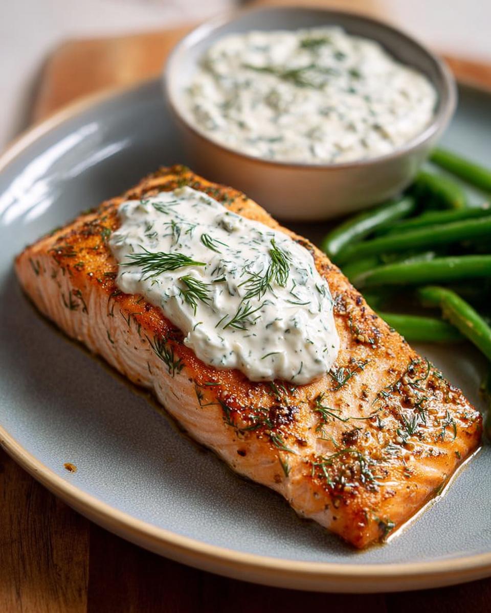 A perfectly cooked salmon fillet topped with creamy dill sauce, served with green beans.